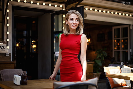 mujer, rubia, vestido rojo, retrato, sonriente, Oleg Klimin, vestido ajustado, vestido, Fondo de pantalla HD HD wallpaper