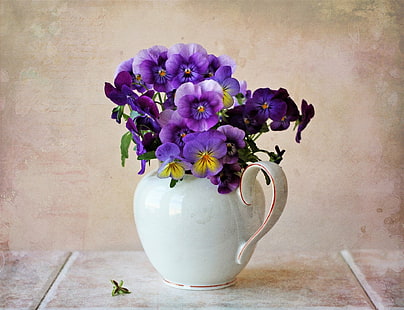 Photography, Still Life, Flower, Pansy, Pitcher, Purple Flower, HD wallpaper HD wallpaper