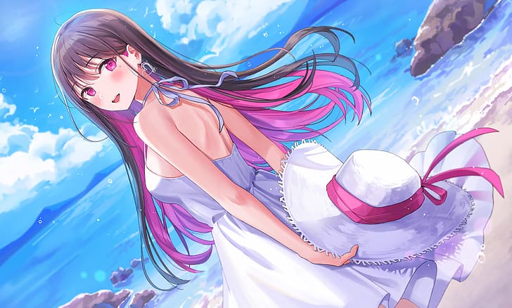 beach, anime girls, long hair, smile, HD wallpaper