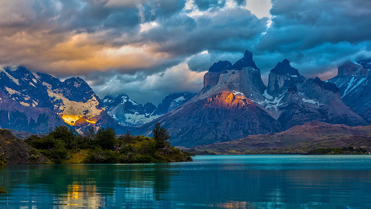 vattendrag nära bergskedja digital tapet, landskap, Patagonia, berg, vatten, natur, HD tapet