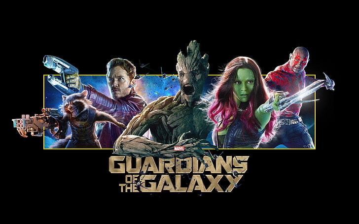 Marvel Guardian Galaxy illüstrasyon, Galaksinin Guardians, tipografi, Marvel Comics, siyah arka plan, HD masaüstü duvar kağıdı