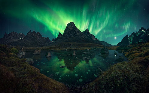 Aurora boreal sobre montañas, auroras, Fondo de pantalla HD HD wallpaper