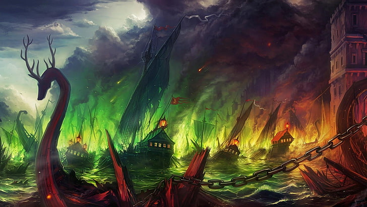 brązowe malowanie statków, gra o tron, wojna, statek, tonące statki, ogień, Blackwater, King's Landing, grafika, fantasy, grafika koncepcyjna, morze, chmury, dym, Tapety HD