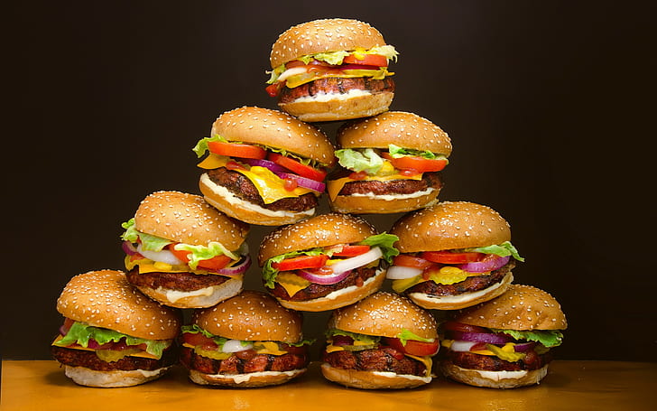 hambúrgueres com tomates, comida, hambúrgueres, HD papel de parede