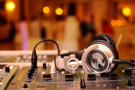 gray corded headphones, macro, music, blur, headphones, sound, remote, party, amplifier, mixer, DJ, hi-tech, bokeh, wallpaper., technology, HD wallpaper HD wallpaper