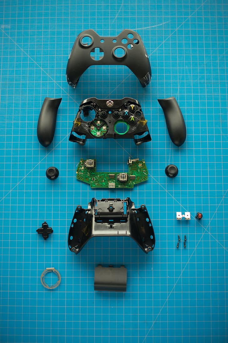 exploded-view diagram, controllers, Xbox, parts, remote control, disassembly, flat lay, HD wallpaper