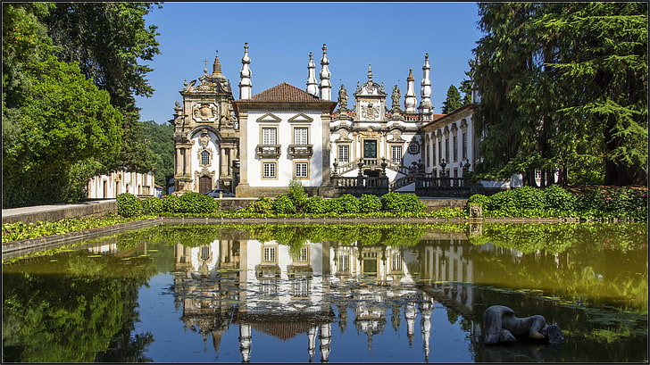 greens, water, trees, house, pond, reflection, Portugal, architecture, mansion, the bushes, Vila Real, HD wallpaper