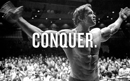Arnold Schwarzenegger med conquer text overlay, Arnold Schwarzenegger, typografi, män, Bodybuilder, bodybuilding, HD tapet HD wallpaper