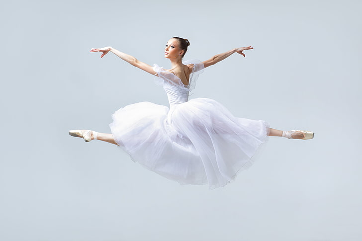 women's white short-sleeved dress, girl, jump, ballerina, HD wallpaper