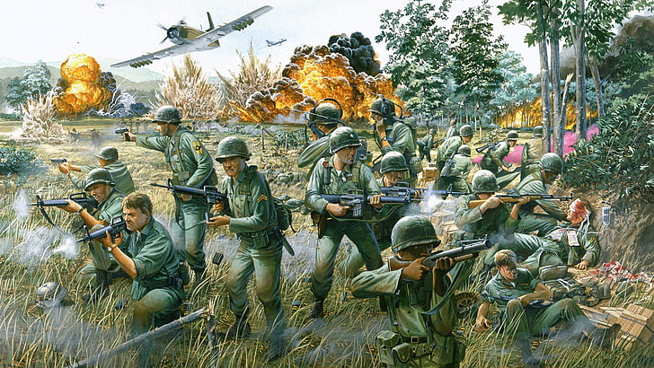 army of soldiers illustration, war, figure, explosions, battle, Americans, Vietnam, a-1, Battle in the valley of Ya-Drang, HD wallpaper