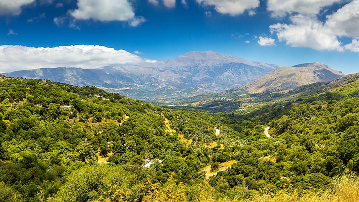 green leafed plant lot, forest, the sky, clouds, mountains, island, Greece, Crete, HD wallpaper