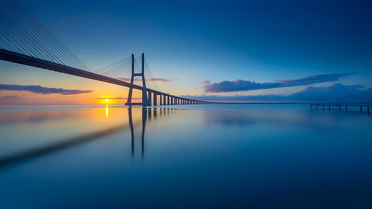 gray suspension bridge, architecture, bridge, long exposure, horizon, pier, Sun, clouds, sea, calm, water, HD wallpaper