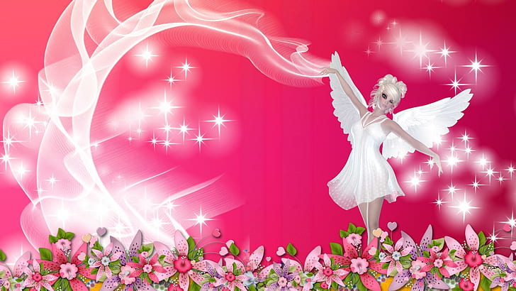 Fairy Dance On Flowers, fairy, stars, magical, smoke, floral, flowers, spring, sparkles, fantasy, angle, summer, 3d and ab, HD wallpaper