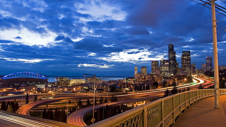 мост от сив бетон, градски пейзаж, Сиатъл, HD тапет