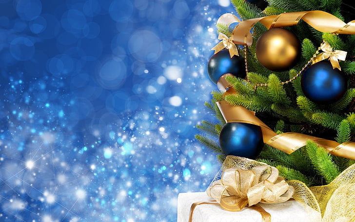 blue and gold baubles, background, holiday, blue, widescreen, balls, Wallpaper, tree, new year, spruce, gifts, bow, bumps, herringbone, Christmas decorations, full screen, HD wallpapers, Christmas toys, fullscreen, presents, chritmas, HD wallpaper