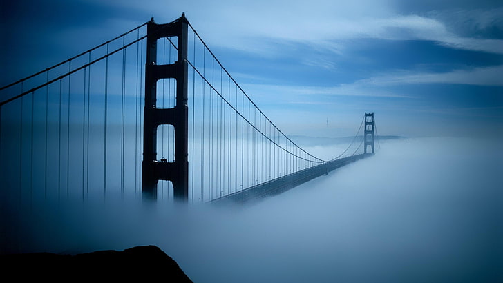 Сан Франциско, Калифорния, САЩ, мост на златната порта, висящ мост, САЩ, златна порта, мост, мъглив, мъгла, мъгла, мъглив, HD тапет