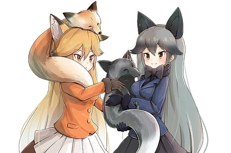 Przyjaciele Kemono, białe tło, anime, dziewczyny anime, Red fox (Kemono friends), Silver fox (Kemono friends), zwierzęce uszy, Tapety HD HD wallpaper