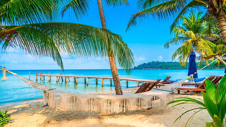 tourisme, plage tropicale, été, ciel, lagon, arbre, rivage, hamac, palmier, paysage tropical, vacances, plage, loisir, exotique, tropiques, Fond d'écran HD