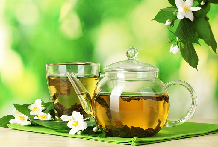 clear glass teapot set, flowers, tea, Cup, drink, saucer, leaves, teapot, HD wallpaper