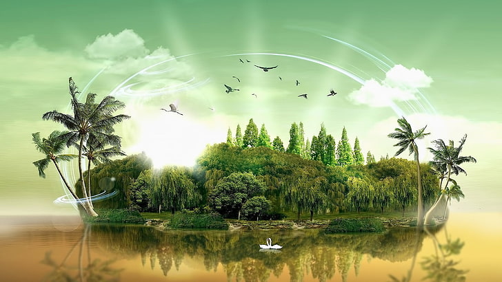 болото цифровые обои, цифровое искусство, природа, пейзаж, трава, остров, вода, деревья, лес, пальмы, птицы, лебедь, облака, отражение, светлые тропы, HD обои