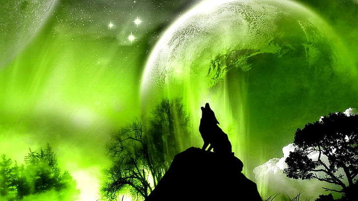 green outer space trees animals planets moon wolf wolves 1366x768  Space Moons HD Art , Green, outer space, HD wallpaper
