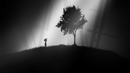 Arte digital silueta de persona de pie cerca de árboles, árboles, monocromo, luz solar, limbo, Fondo de pantalla HD HD wallpaper