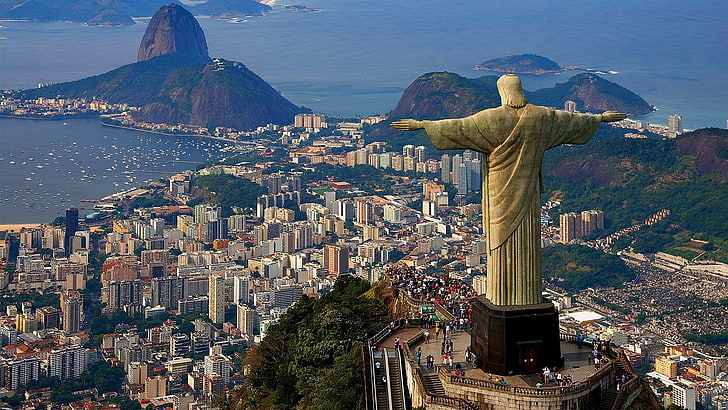 rio de janeiro, statue, christ the redeemer, brazil, beach, ocean, sea, city, mount corcovado, HD wallpaper
