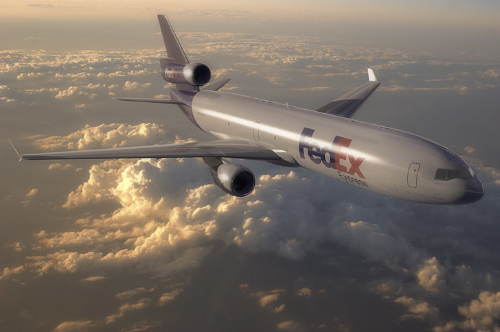 gri ve beyaz FedEx yolcu uçağı, bulutlar, uçuş, uçak, sanat, liner, gökyüzünde, MD-11, HD masaüstü duvar kağıdı