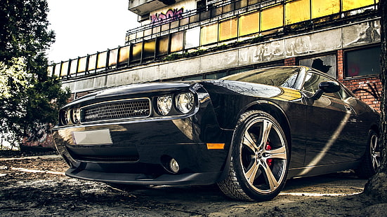 black Dodge Challenger, car, auto, tuning, Dodge, Challenger, muscle car, HD wallpaper HD wallpaper