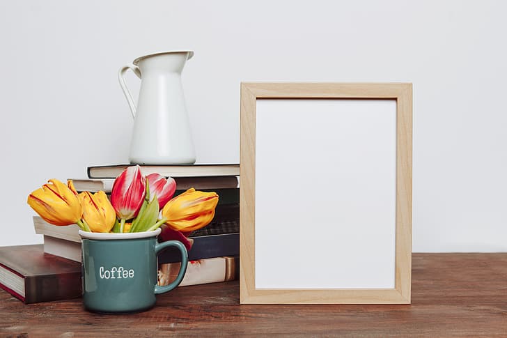 flowers, photo, books, bouquet, frame, colorful, mug, tulips, romantic, spring, coffee, HD wallpaper