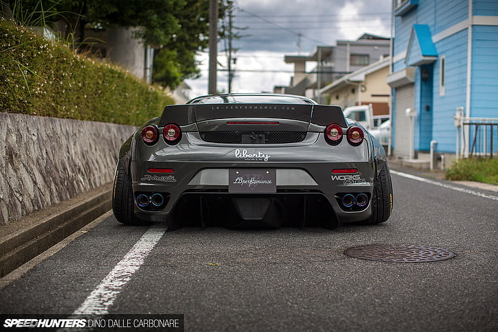 gray car, street, Japan, Ferrari, rear view, Liberty Walk, LBW’s F430, HD wallpaper