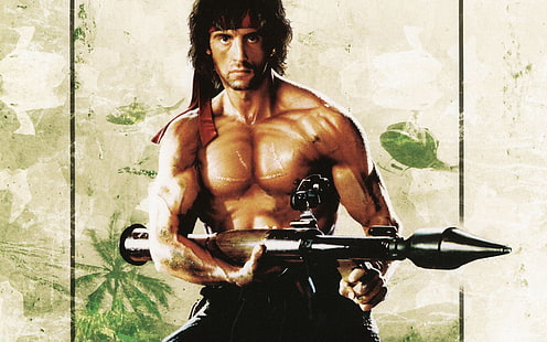 Sylvester Stallone Rambo poster, strip, elicotteri, lanciarazzi, Sylvester Stallone, Bazooka, Rambo, Sfondo HD HD wallpaper