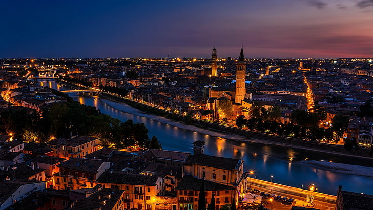architecture, city, cityscape, night, lights, building, Verona, Italy, river, old building, bridge, ancient, church, tower, clouds, reflection, trees, rooftops, street, HD wallpaper