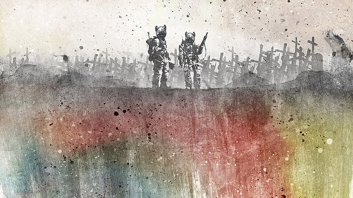 zwei Personen, die Anzüge vor mehrfarbiger Malerei der Kreuze, Grafik, Fantasiekunst, digitale Kunst, Krieg, Soldat, Schweine, Spaß, Zusammenfassung tragen, HD-Hintergrundbild