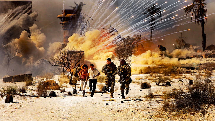 smoke, The explosion, running, Egypt, Megan Fox, military, Transformers 2, HD wallpaper