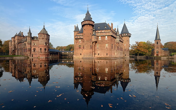 Замъкът Бодям, Германия, замък, архитектура, отражение, езеро, Кастел де Хаар, сграда, Холандия, HD тапет