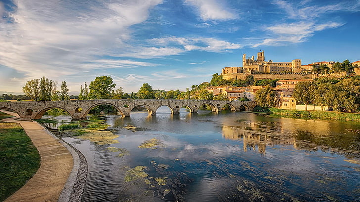 béziers, reflection, france, sunny, cloud, europe, tree, bank, river, daytime, tourist attraction, landscape, estate, HD wallpaper
