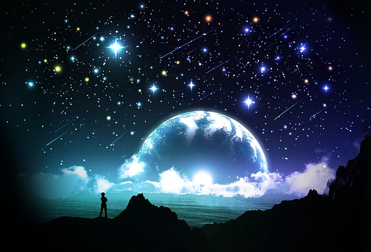 sylwetka osoby stojącej z widokiem na księżyc tapeta, morze, niebo, gwiazdy, chmury, noc, ludzie, planeta, sylwetka, sztuka i -k, Tapety HD