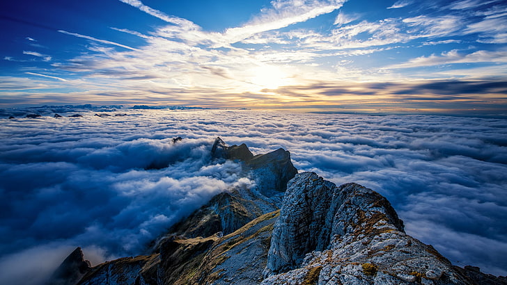 록, 하늘, 스위스, 풍경, 자연, 산, 구름, 알프스, 봉우리, Saentis Mountain, HD 배경 화면