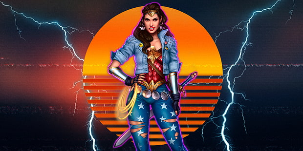  Wonder Woman, fantasy girl, Retrowave, synthwave, 1980s, artwork, HD wallpaper HD wallpaper