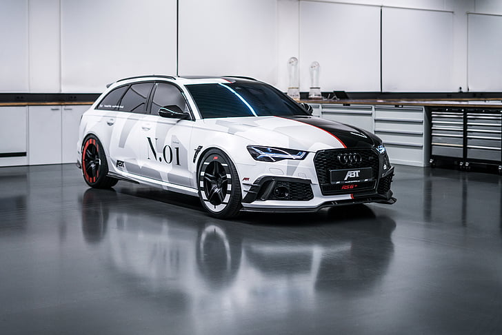 svartvitt Audi 5-dörrars halvkombi, Audi RS 6+ ABT Avant, Jon Olsson, 2018, 4K, HD tapet