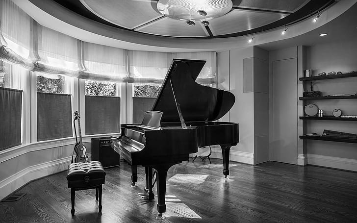 Ruang Musik, interior, gitar, kayu hitam, hitam, ruang, musik, putih, rumah, fotografi, piano, 3d dan abstrak, Wallpaper HD