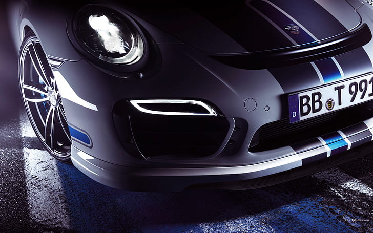 Auto, White, Headlight, 911, Porsche, Disk, Machine, Wheel, Logo, The hood, Turbo, The front, Sports car, by TechArt, HD wallpaper
