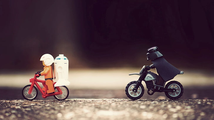 red and black bicycle and motorcycle toys, Star Wars, LEGO, Darth Vader, R2-D2, mix up, toys, HD wallpaper