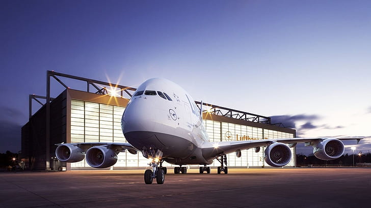 Frente do Lufthansa Airbus A380, frente, airbus, lufthansa, a380, aeronaves e aviões, HD papel de parede