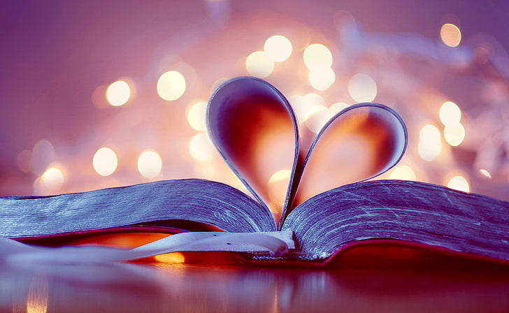 Книга сердца, книга в твердом переплете, Любовь, розовый, фиолетовый, книга, сердце, чтение, чтение, HD обои