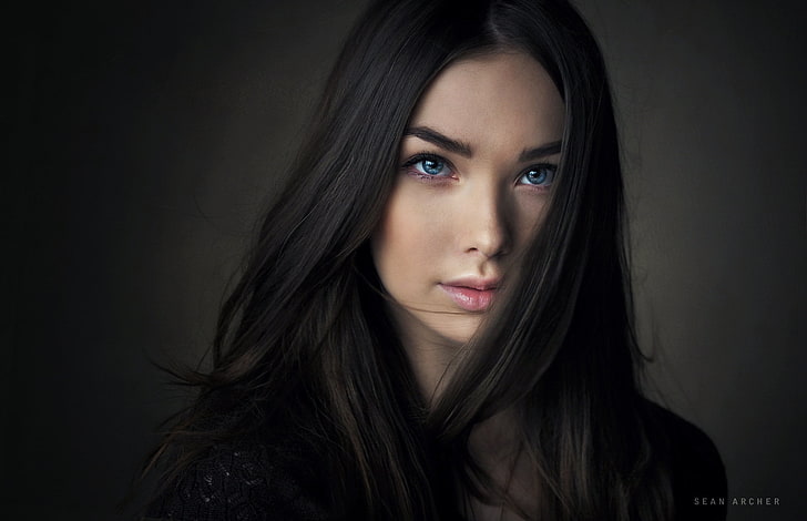 woman with black long hair, women, Sean Archer, blue eyes, portrait, simple background, HD wallpaper