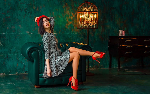 cadeira, sapatos de salto altos, mulheres, sentado, modelo, vestido, HD papel de parede HD wallpaper