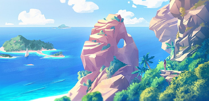 isla cerca del océano dibujos animados, obras de arte, arte digital, playa, mar, palmeras, Fondo de pantalla HD