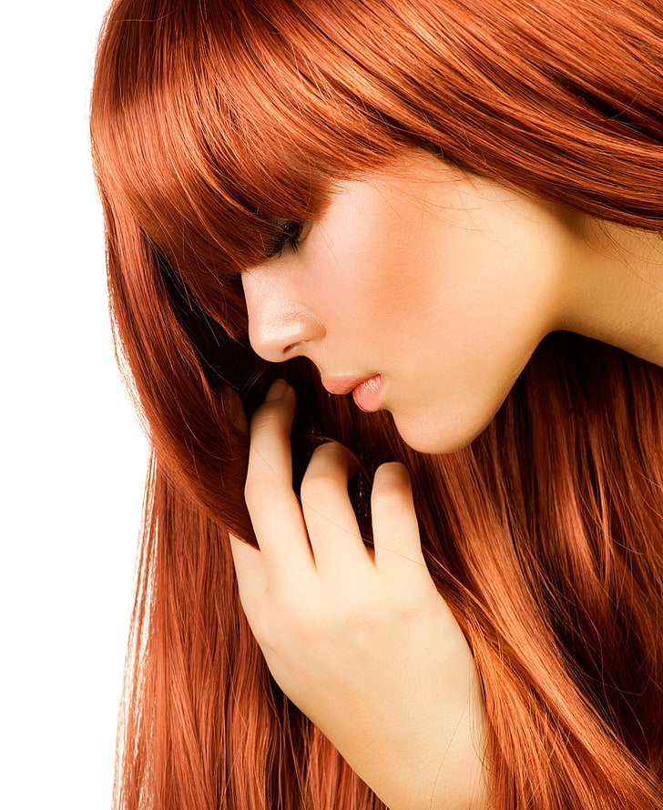 wanita, model, berambut merah, rambut panjang, wajah, airbrushed, profil, latar belakang putih, tangan, poni, Wallpaper HD, wallpaper seluler